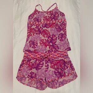 ATHLETA GIRL Tankini Swim Top and Board Short Bottom: Pink + Purple Palm - L